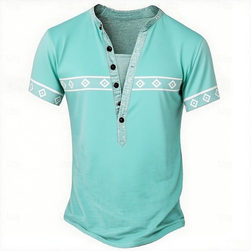 Men's Ethnic T Shirt Henley Shirt Tee Short Sleeve Designer Basic Ethnic Outdoor Casual Daily Summer Spring Light Green Light Blue Khaki Henley Henley T-Shirt
