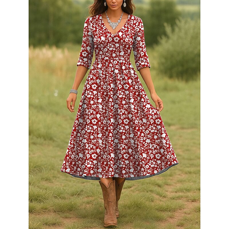 Women's Midi Dress Casual Dress A Line Dress Vacation Casual Regular Fit Floral Graphic Long Sleeve V Neck Red Blue Purple Green Spring Fall4