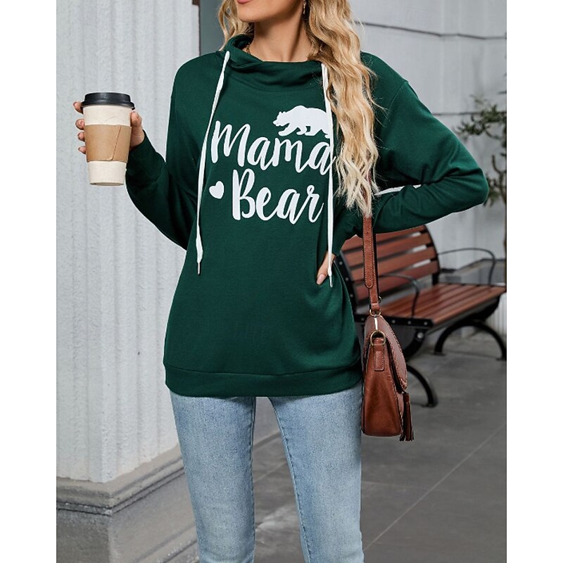 Women's Pullover Hoodie Sweatshirt Letter Streetwear Casual Long Sleeve Hooded Regular Tops Holiday Going out Print Black Wine Navy Blue Blue Dark Green Fall Winter2