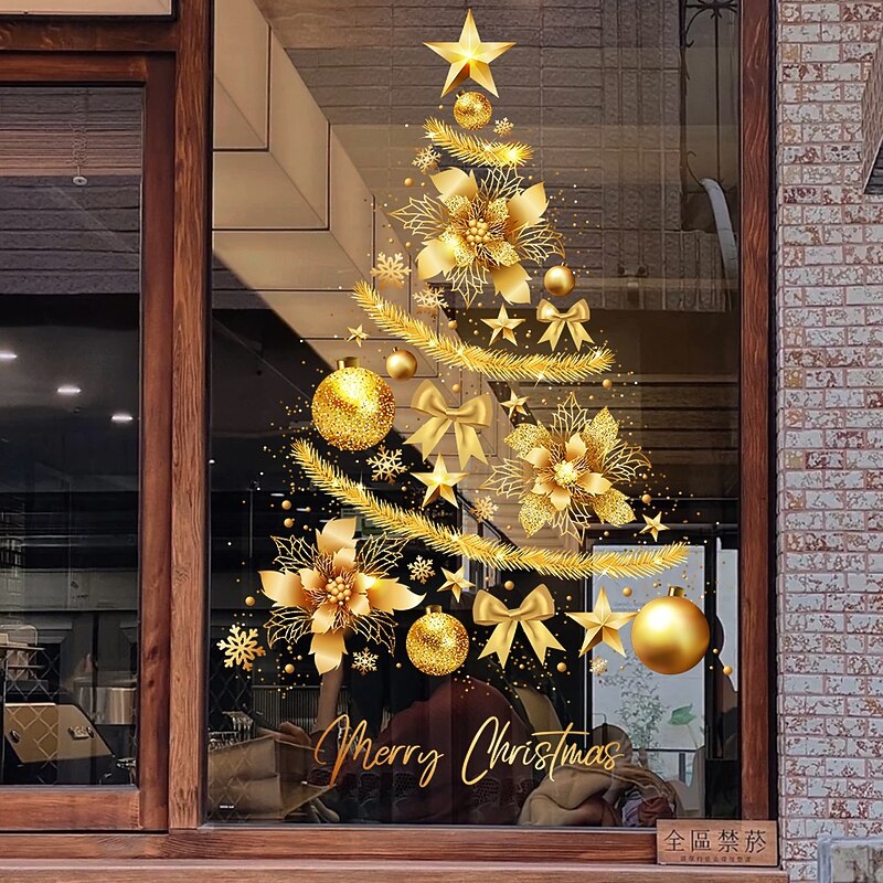 Christmas Window Clings Xmas Wall Sticker Set Holiday Decorations Gold Christmas Tree Balloon Static Clings Reusable Non Adhesive Festive Home Party Window Decor for Seasonal Fun