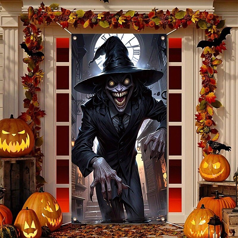 Scary Clown Witch Halloween Door Cover for Indoor Outdoor – Creepy Evil Face Peeking Curtain for Front Porch or Room Decoration3