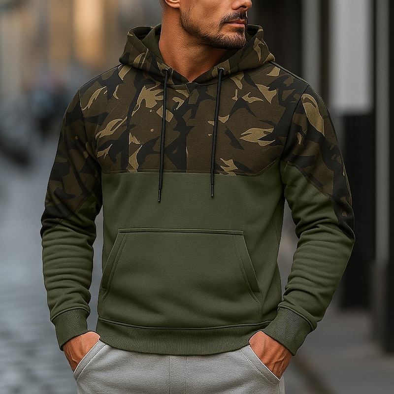 Men's Hoodie Pullover Hoodie Sweatshirt Fleece Hoodie Black Army Green Hooded Camouflage Patchwork Color Block Sports & Outdoor Casual Daily Streetwear Cool Sportswear Spring &  Fall Clothing Apparel