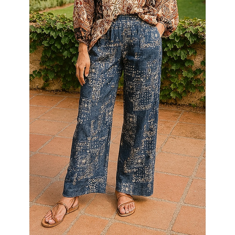 Women's Cotton Linen Pants Wide Leg Chinos Vacation Vintage Ethnic Style Full Length Mid Waist Paisley Drawstring Elastic Waist Comfy Breathability Soft Inelastic Vacation Causal Casual Blue Summer