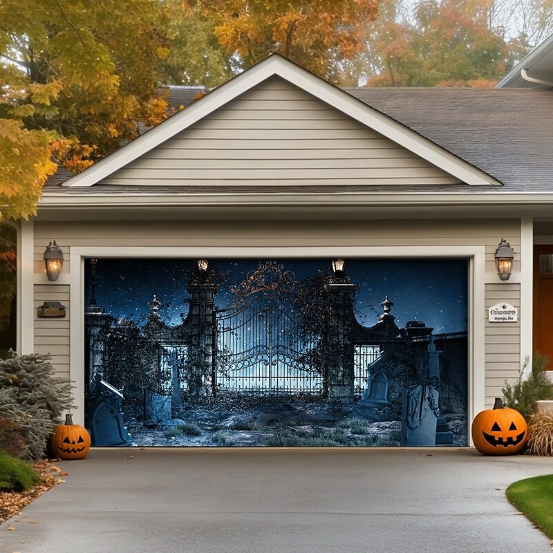 Halloween Garage Door Cover Large Hanging Backdrop Castle 3D Dark Punk Gothic Style Party Outdoor Shooting Backgrounds Front Door Home Decor2
