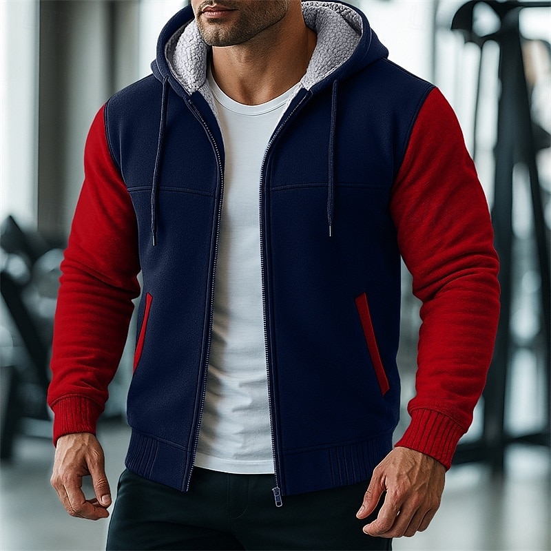 Men's Hoodie Full Zip Hoodie Fleece Hoodie Fleece lined Hoodie Black Red Burgundy Navy Blue Light Grey Hooded Plain Patchwork Color Block Sports & Outdoor Casual Daily Streetwear Cool Sportswear3