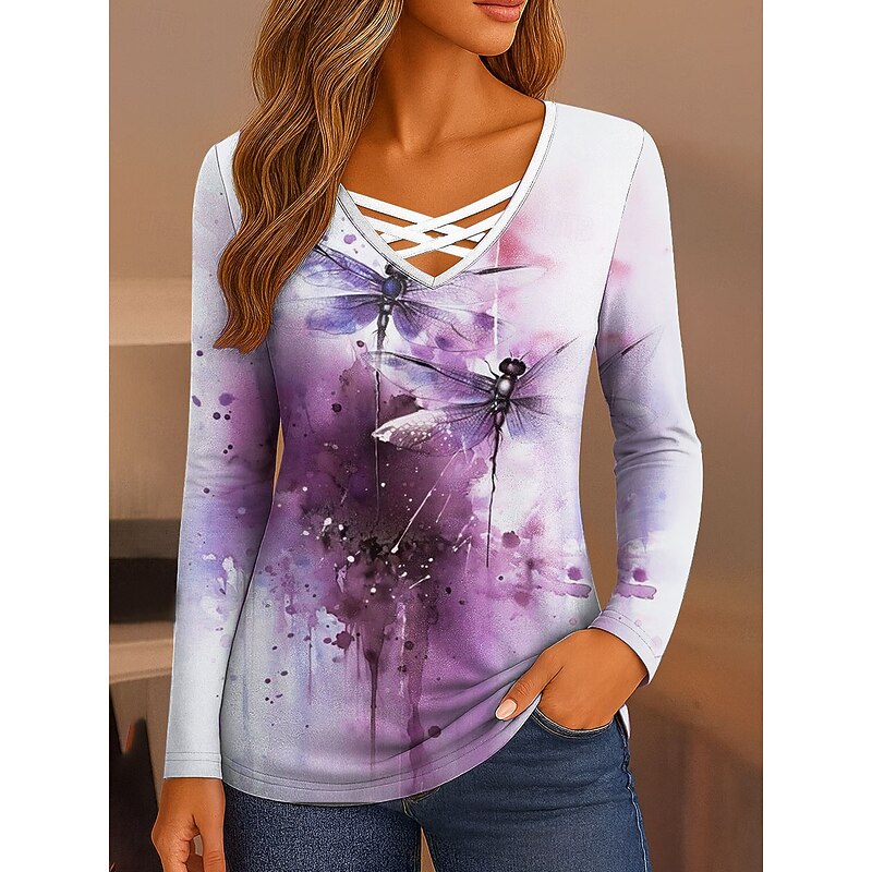 Women's T Shirt Graphic Letter Dragonfly Vintage Stylish Classic Long Sleeve V Neck Regular Tops Daily Cut Out Print Blue Purple Green Spring Fall3