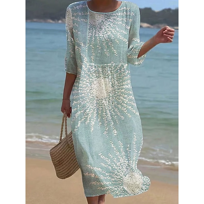 Women's Maxi Dress Kaftan 3/4 Length Sleeve Crew Neck Casual Dress A Line Dress Boho Regular Fit Graphic Geometric Abstract Yellow Pink Blue Orange Spring Fall