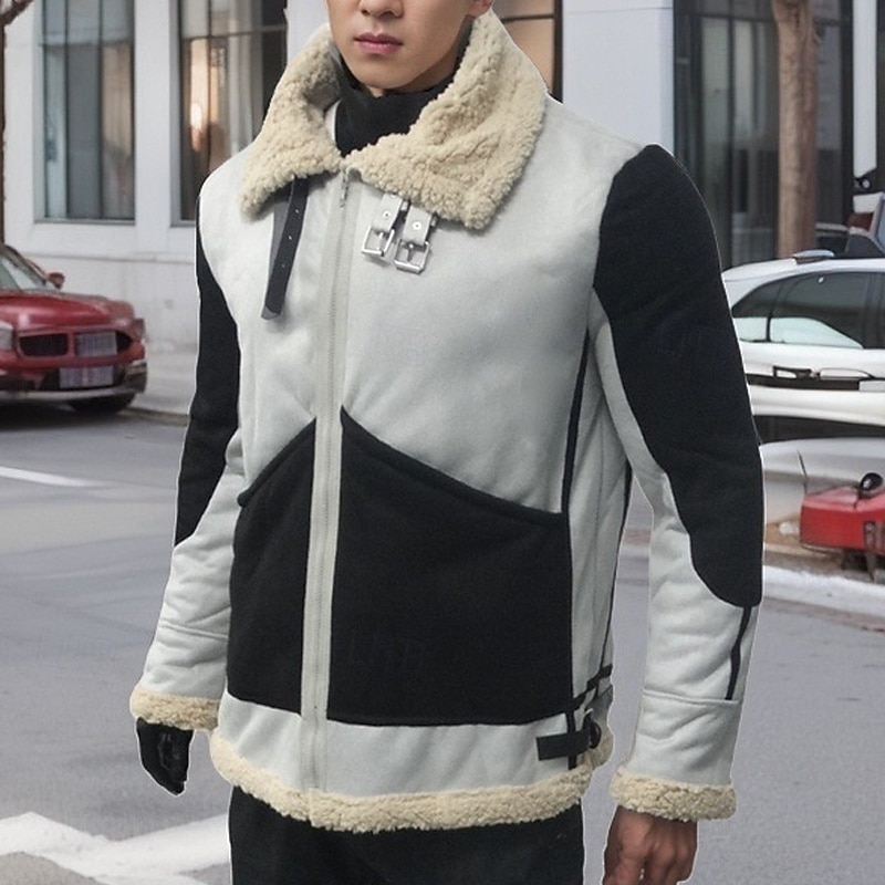 Men's Winter Jacket Sherpa Jacket Vacation Daily Thermal Warm Pocket Fleece Winter Color Block Fashion Streetwear Lapel Regular Blue Gray Jacket2