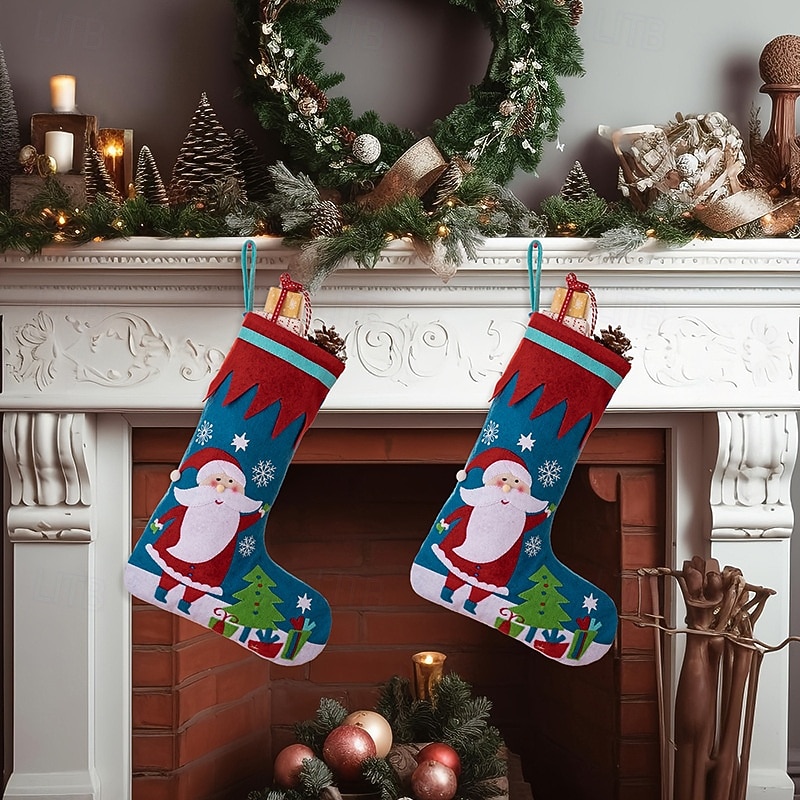 Christmas Stocking Creative Red and Blue Santa Design Nonwoven Fabric Holiday Sock Gift Bag for Christmas Presents Home Fireplace Festive Party Seasonal Decoration Accessory4