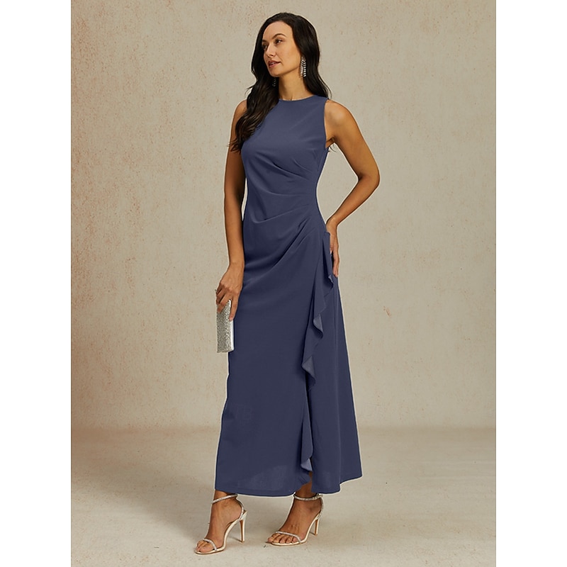 Women's Maxi Dress Sheath Dress Pleated Dress Ruffle Dress Elegant Party Semi Formal Wedding Guest Graduation Cocktail Party Solid Color Sleeveless Crew Neck Boat Neck Violet Summer Spring Fall