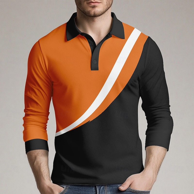 Men's Geometic Line Polo Long Sleeve Polo Shirts Collared Shirts Casual Outdoor Athleisure 3D Print Spring Fall Winter Blue Orange Green4