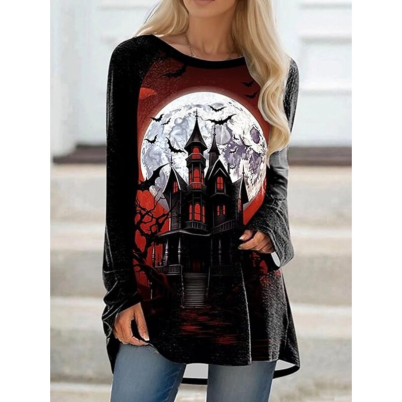 Halloween Women's T shirt Witch Long Sleeve Graphic Vintage Stylish Classic Long Sleeve Crew Neck Regular Tops Daily Print Black Yellow Red Orange Spring Fall Winter Prefall4