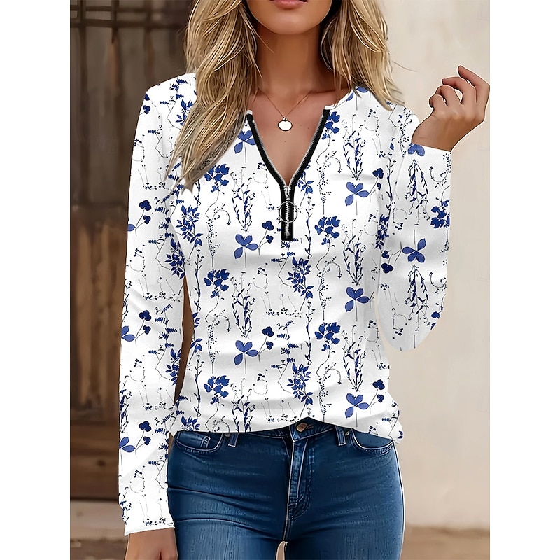 Women's T Shirt Graphic Striped Plants Elegant Vintage Stylish Long Sleeve V Neck Round Neck Notched Neck Regular Tops Daily Weekend Zipper Print Blue Spring Fall Winter