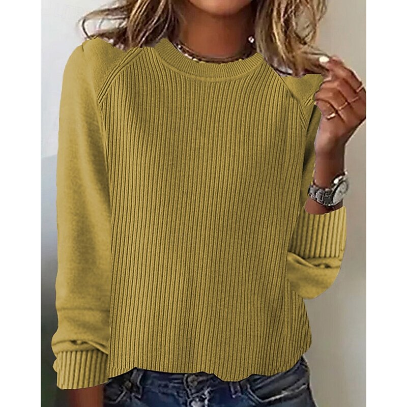 Women's Sweater Pullover Daily Stylish Casual Solid Color Ribbed Crew Neck Knitted Long Sleeve Regular Tops Knit Daily Holiday Going out Black Yellow Fall Winter4