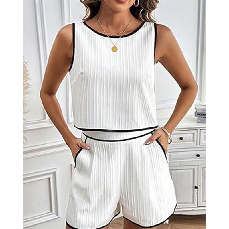Women's Active Blouse Shorts Sets Sleeveless Crew Neck Color Block Patchwork Vacation Daily Wear White Summer Regular Fit4