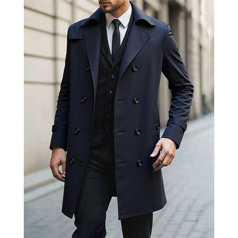 Men's Overcoat Trench Coat Long Trench Coat Vacation Daily Fall Winter Polyester Windproof Soft Outerwear Clothing Apparel Fashion Classic Plain Pocket Lapel Double Breasted2