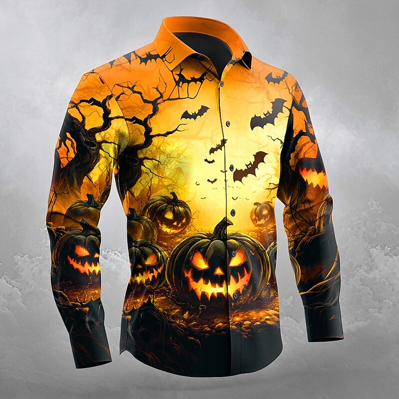 Halloween Men's Pumpkin Halloween Costumes Jack-o'-lantern Shirt Button Up Shirt Long Sleeve Dark Gothic Style Outdoor Holiday Spring Fall Turndown 3D Print Collared Shirts Orange red Yellow Black