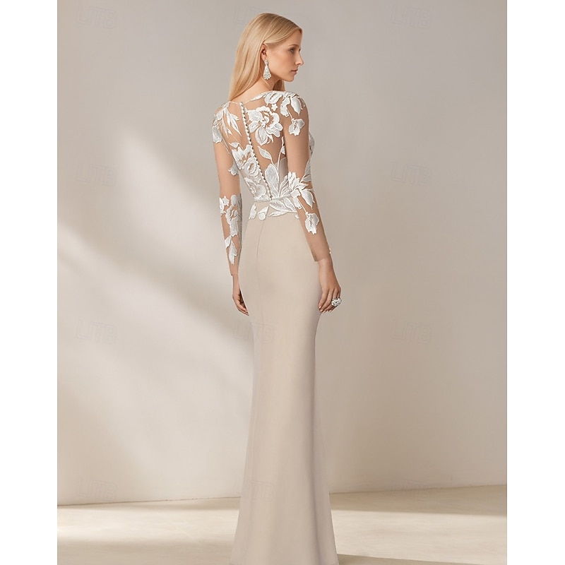 Mermaid / Trumpet Mother of the Bride Dress Stretch Crepe Elegant Simple Boat Neck Floral Embroidered Lace Floor Length Long Sleeve with Crystal Belt2