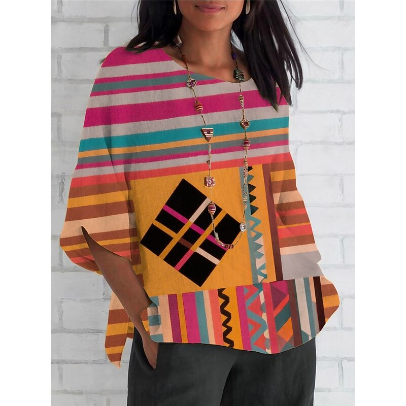 Women's Shirt Geometric Striped Retro Vintage Ethnic 3/4 Length Sleeve Crew Neck Regular Tops Daily Holiday Print Yellow Blue Purple Fuchsia Summer Spring Fall2