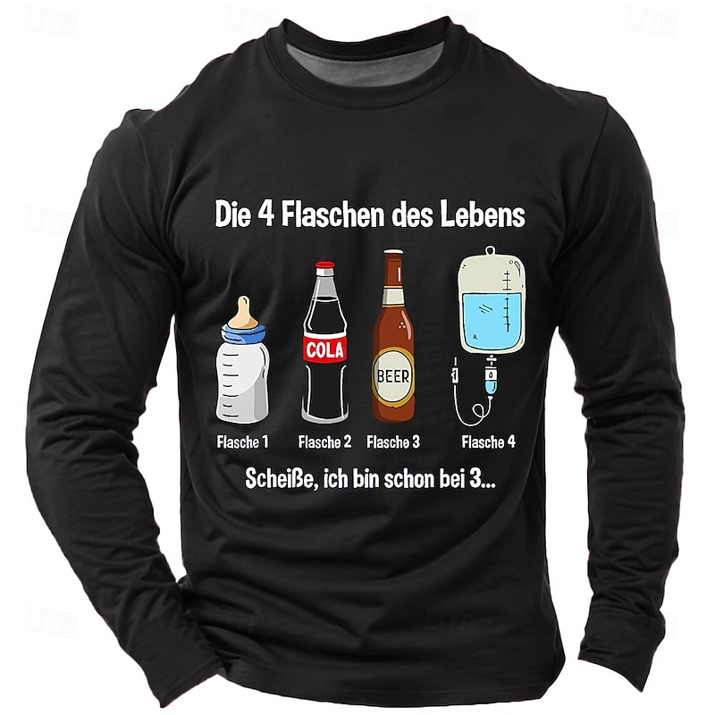 Funny Men's Long Sleeve T-Shirt "The 4 Bottles of Life" Beer & Aging Humor, "Already at 3" Graphic Tee4