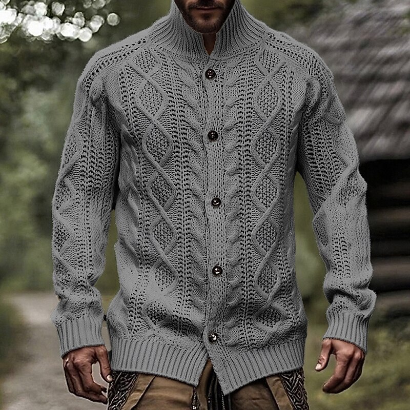 Men's Cardigan Sweater Cardigan Chunky Cardigan Cardigan Jacket Ribbed Crochet Knit Regular Tops Basic Solid / Plain Color Standing Collar Fashion Classic Vacation Daily Wear Clothing Apparel Fall4