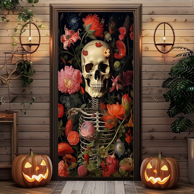 Halloween Door Cover Outdoor Banners Skeleton Flower Psychedelic Dark Punk Gothic Style Party Outdoor Shooting Backgrounds Front Door Wall Porch Home Decor4
