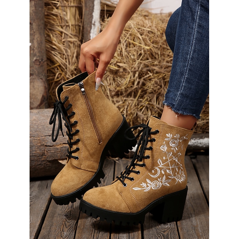 Women's Tan Suede Lace - Up Ankle Boots with Floral Embroidery, Block Heel Combat Boots for Casual & Party Wear