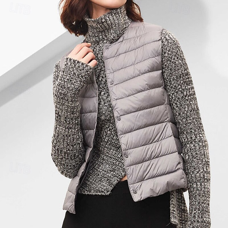 Women's Vest Warm Comfortable Pocket Buttons Casual Plain Holiday Going out Casual Daily Weekend Single Breasted Regular Crewneck Regular Fit Sleeveless Outerwear Black Khaki Beige Fall Winter2