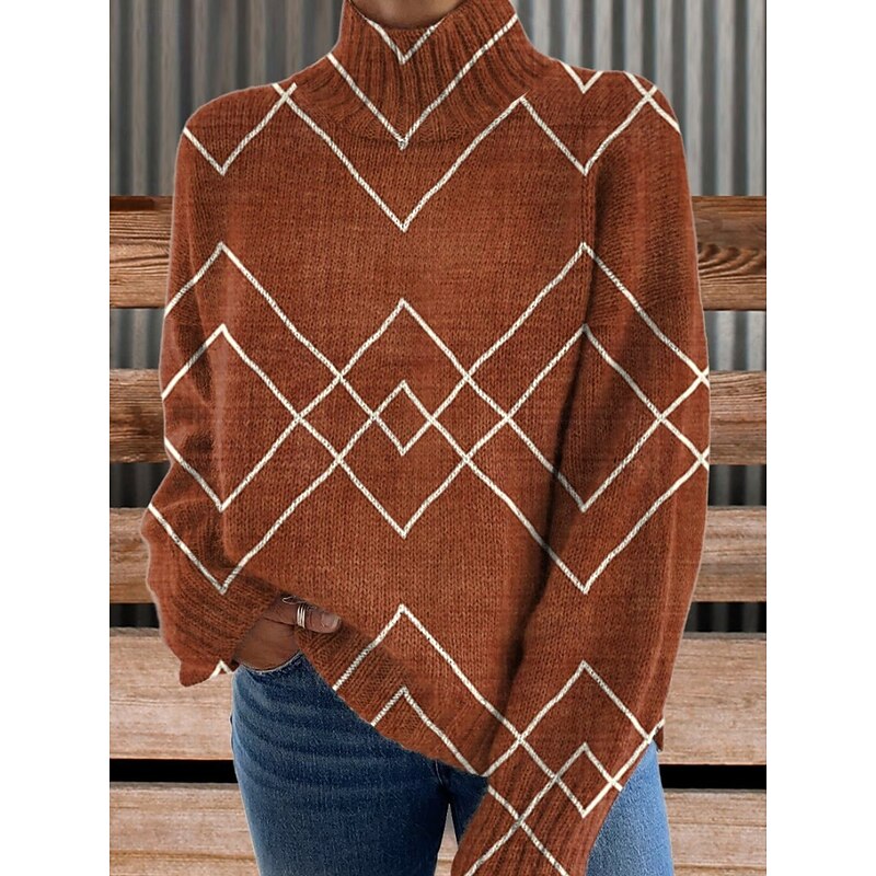 Women's Sweater Casual Soft Geometric Ribbed Turtleneck Knitted Print Long Sleeve Regular Tops Knit Outdoor Daily Weekend White Wine Fall Winter2