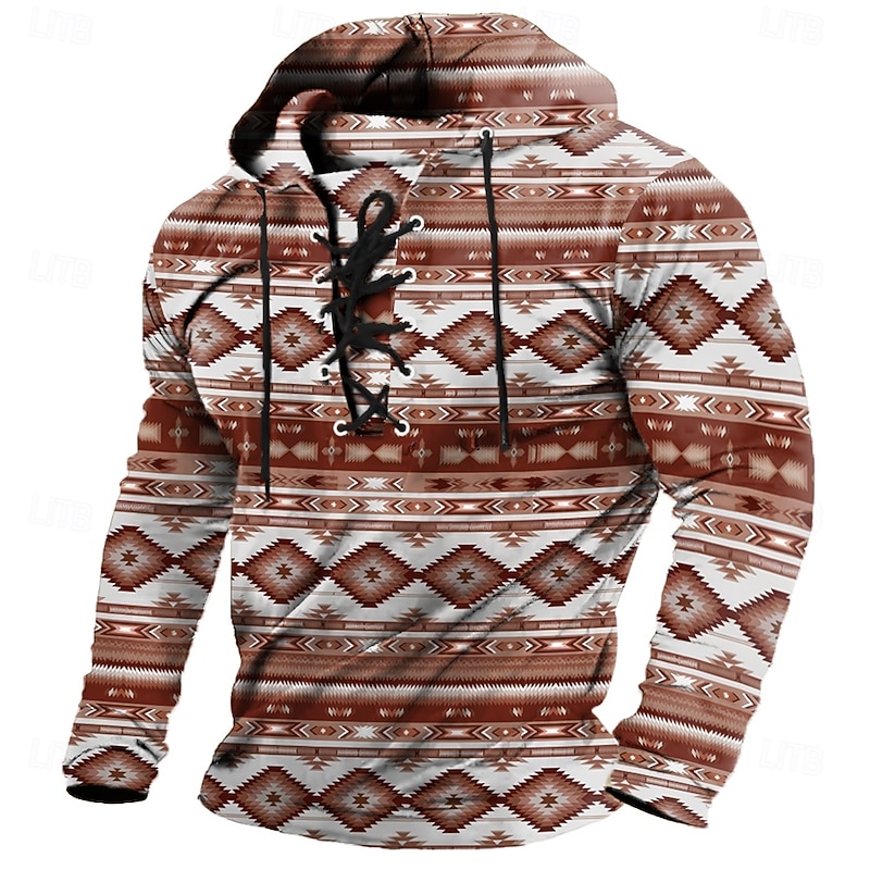 Men's Geometric Tribal Bandana Print Stylish Ethnic Long Sleeve Hooded Streetwear Yellow Blue Drawstring Fall Winter Designer