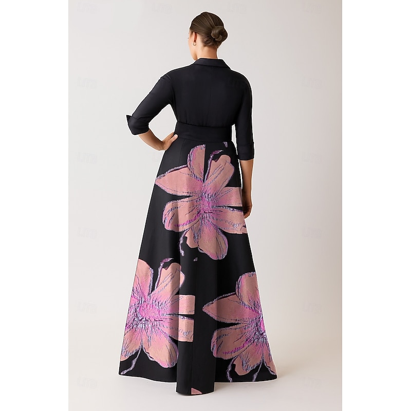 A-Line Mother of the Bride Evening Gown Elegant Dress Formal Wedding Floor Length Half Sleeve Shirt Collar Pocket Nylon with Floral Print Bow(s)4