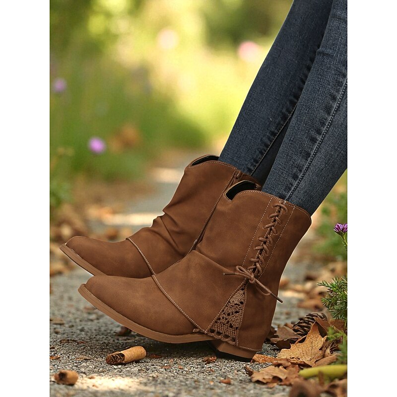 Women's Dark Brown Faux Leather Ankle Boots with Side Zipper and Lace Detail – Casual Vintage Low Heel Boots for Daily Wear, Travel and Outdoor Outfits