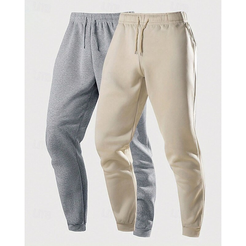 Multi Packs 2pcs Men's Gray+Khaki Sweatpants Trousers Drawstring Elastic Waist Plain Vacation Daily Wear Polyester Spring