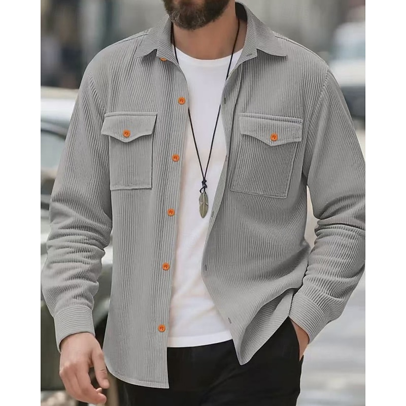 Men's Lightweight Jacket Corduroy Jacket Cargo Jacket Casual Jacket Vacation Daily Breathable Pocket Spring Fall Plain Fashion Classic Lapel Regular Black Light Grey Army Green Beige Jacket2