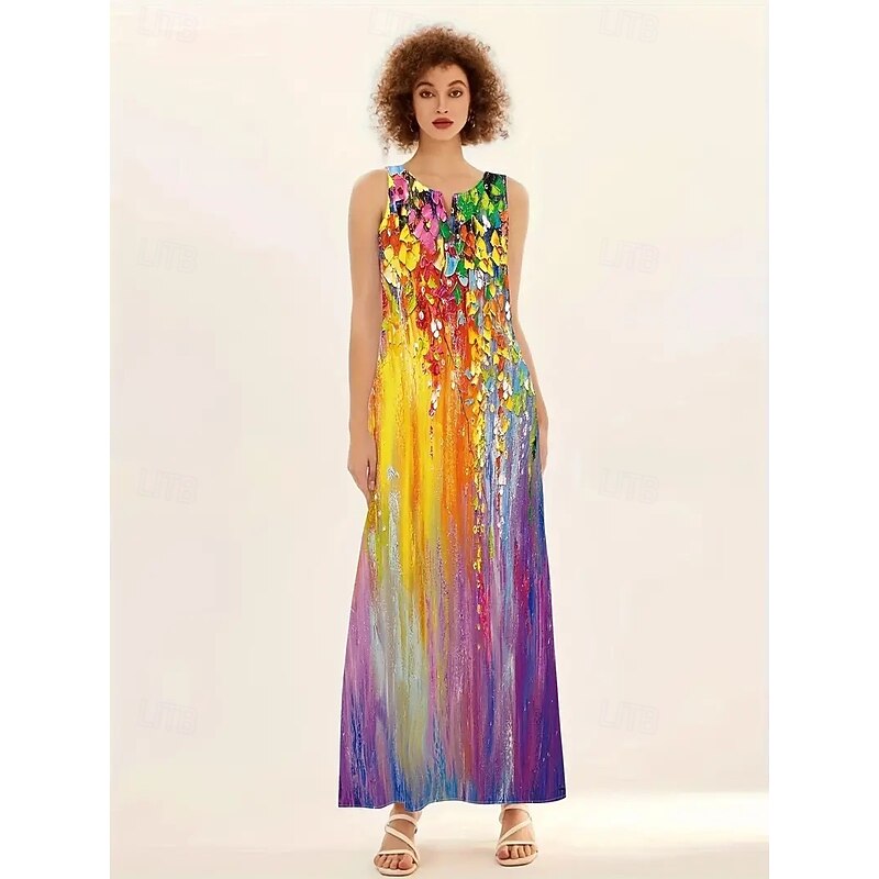 Women's Maxi Dress Sheath Dress A Line Dress Fit And Flare Dress Party Birthday Casual Party Office Wedding Guest Regular Fit Floral Color Block Sleeveless V Neck Rainbow Spring Fall Winter Autumn2