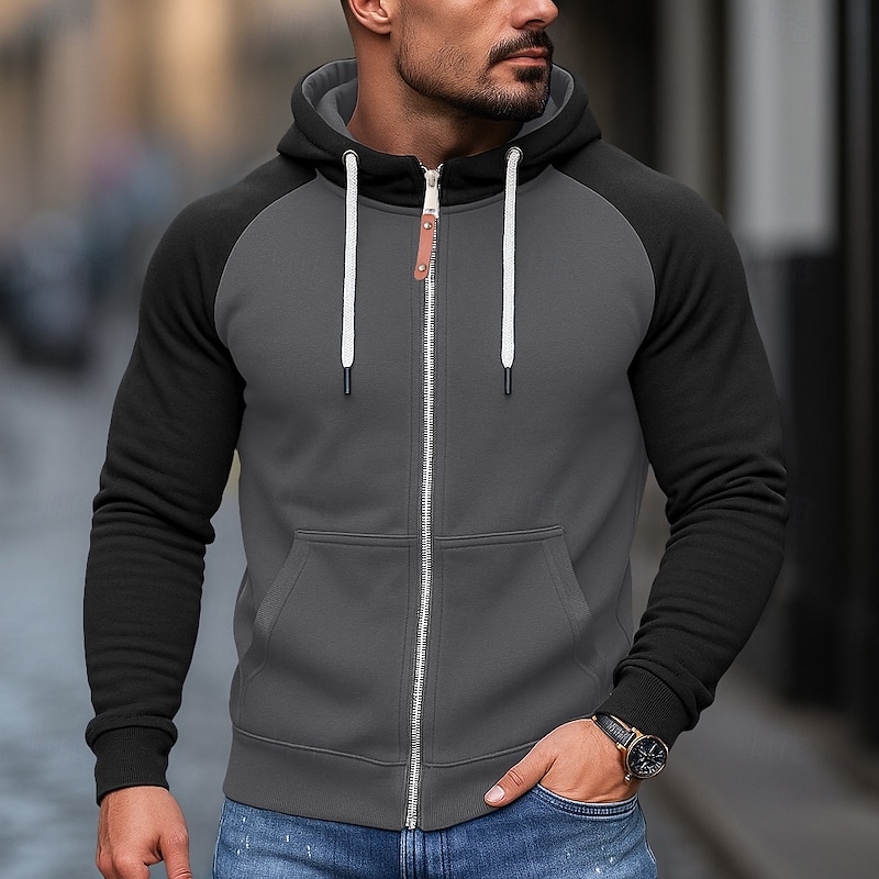 Men's Hoodie Full Zip Hoodie Fleece Hoodie Fleece lined Hoodie Black Burgundy Blue Light Grey Dark Gray Hooded Plain Patchwork Color Block Sports & Outdoor Casual Daily Streetwear Cool Sportswear3