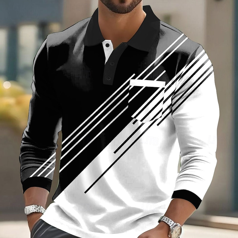Men's Geometric Polo Long Sleeve Polo Shirts Lapel Business Casual Athleisure Daily Wear Pocket 3D Print Buttons Spring Fall Lake blue Black Blue3
