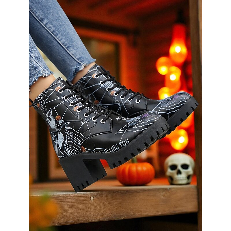 Women's Halloween Skull Print Chunky Heel Combat Boots with Spider Web Design – Gothic Lace-Up Ankle Boots for Cosplay, Trick-or-Treat, and Spooky Fall Fashion2