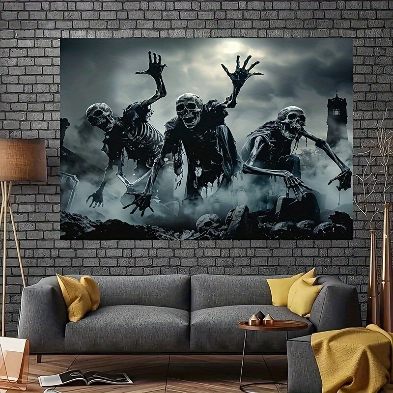Halloween Skeleton Tapestry – Creepy Graveyard Scene Wall Hanging with Undead Skeletons Rising from Tomb, Horror Wall Decoration for Bedroom or Party4