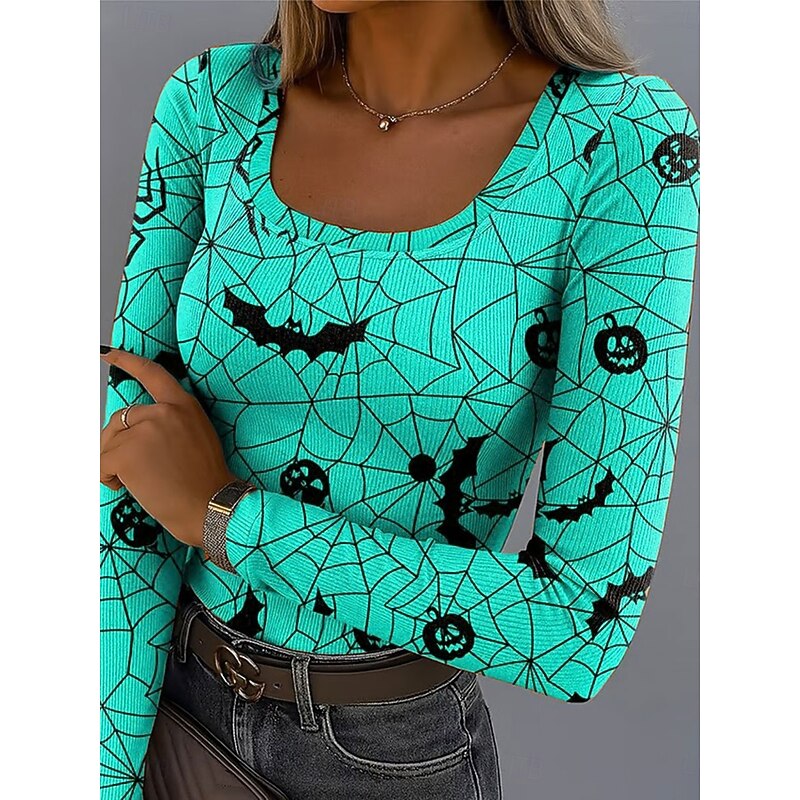 Halloween Women's T Shirt Spider Web Graphic Vintage Stylish Classic Long Sleeve Square Neck Regular Tops Daily Print Yellow Purple Orange Green Gray Summer Spring Fall2