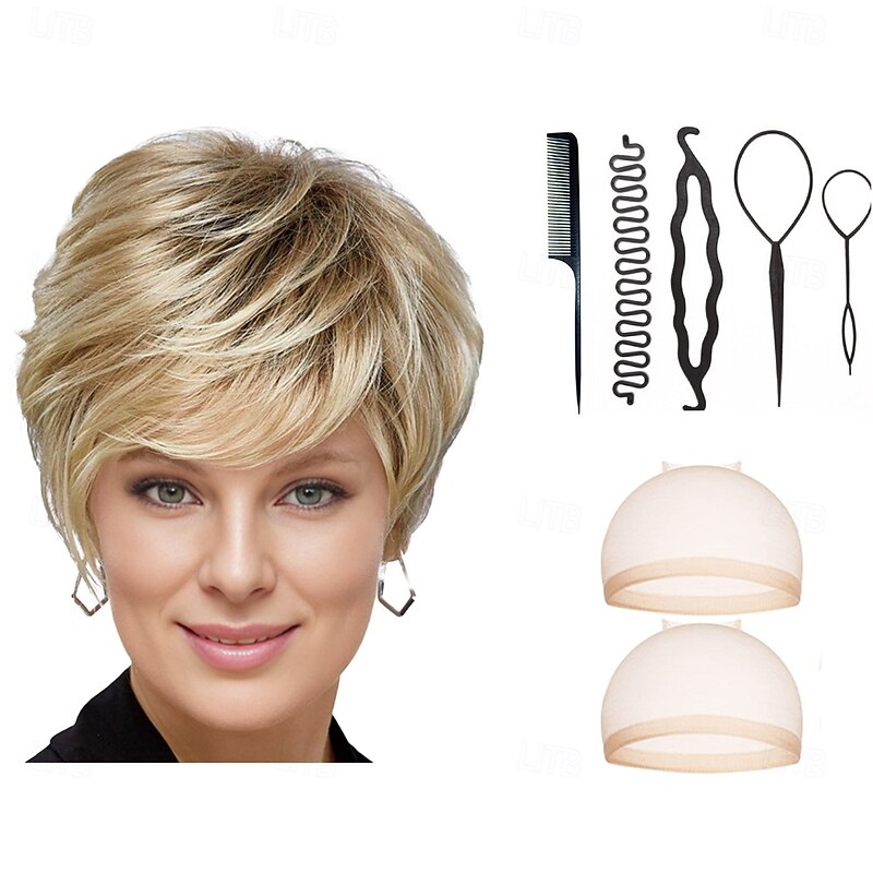 Edgy Short Pixie Wig with An Asymmetrical Fringe and Rich Feathery Layers/Multi-tonal Shades of Blonde Silver Brown and Red With 2PCS HD Wig Cap and Hairdressing Tool Set