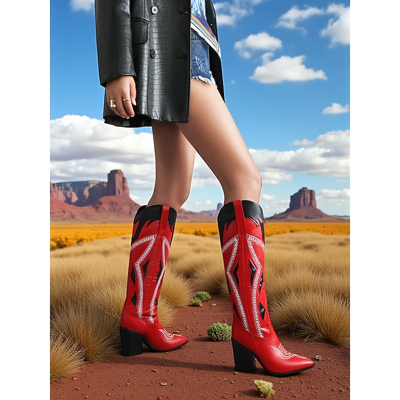 Women's Western Cowboy Boots with Embroidered Detailing, Chunky Heels, Perfect for Urban Bohemian Outfits and Festival Styles