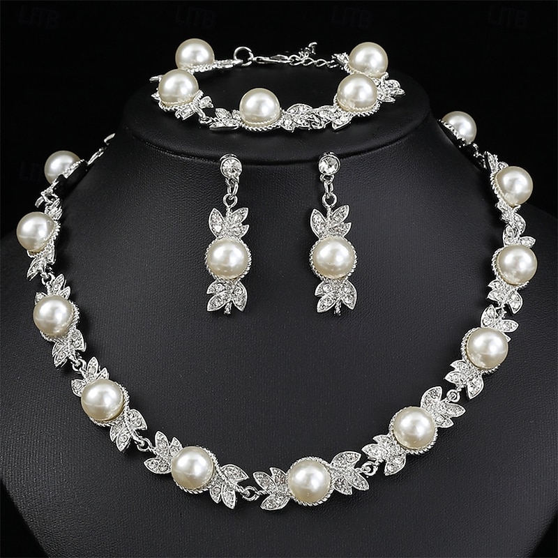 Jewelry Set Three-piece Suit White Pearl Chrome 1 Bracelet Earrings Necklace Women's Elegant Vintage Fashion Vintage Style Classic Jewelry Set For Wedding Party Wedding Guest