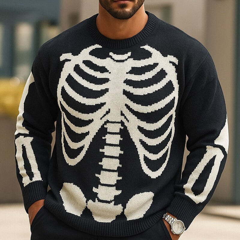 Halloween Men's Bone Skeleton Pullover Sweater Jumper Knitwear Crewneck Casual Vacation Home Street 3D Print Knitting Keep Warm Long Sleeve Spring Fall Winter Black Blue