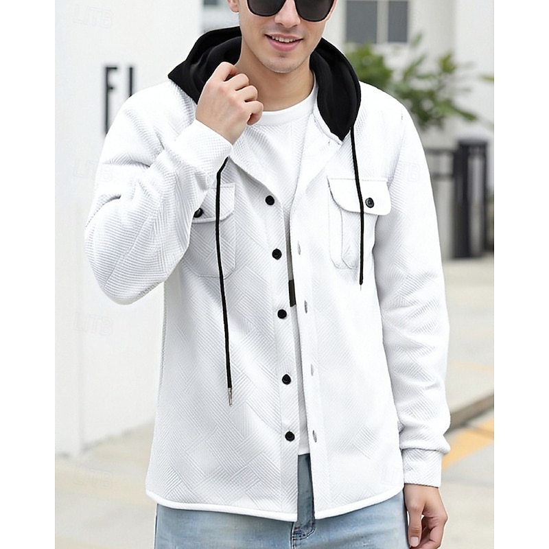 Men's Hoodie Button Up Hoodie Black White Navy Blue Khaki Gray Hooded Color Block Drawstring Pocket Sports & Outdoor Daily Holiday Polyester Streetwear Basic Casual Spring Fall Clothing Apparel3