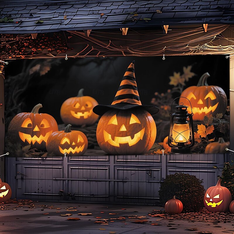 Halloween Garage Door Cover Large Hanging Backdrop Pumpkin 3D Dark Punk Gothic Style Party Outdoor Shooting Backgrounds Yard Haunted House Home Decor4
