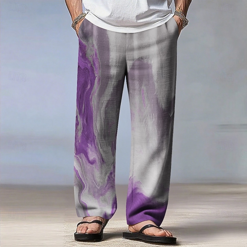 Men's Marble Gradient Color Pants Trousers Casual Pants Mid Waist Drawstring Elastic Waist Bohemian Vintage Retro Outdoor Vacation Straight Leg Trousers Spring Fall 3D Print Blue Purple Green
