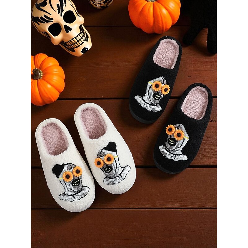 Women's Halloween Slippers - Black Plush Indoor Mules with 3D Sunflower and Ghost Embroidery, Cozy Warm Style for Fall Home Wear and Spooky Season Parties