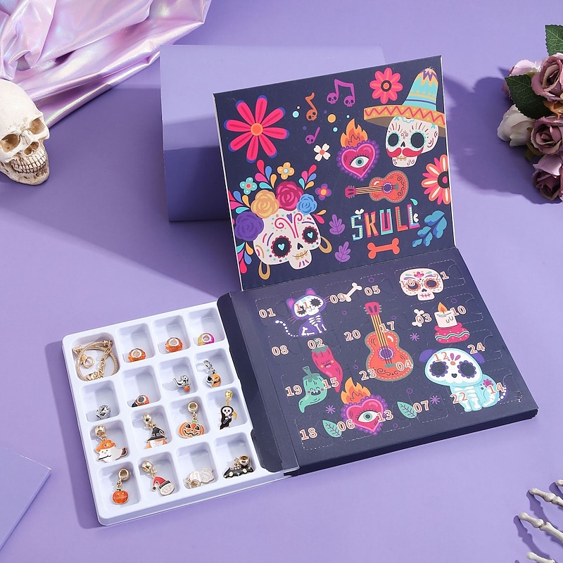 Halloween Advent Calendar Bracelets 2025 for Girls, Day of the Dead 24 Days DIY Jewelry Making Kit with 22 Charm Beads and 2 Adjustable Bracelets,Pumpkin & Skull Countdown Gift for Kids Teens Women3