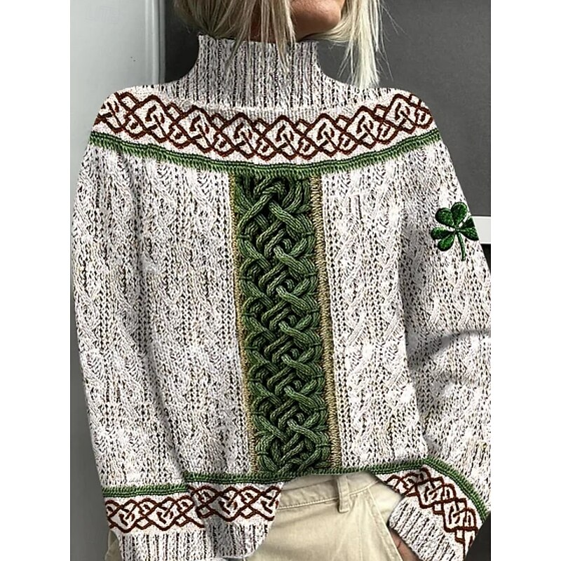 Women's Pullover Vacation Daily Floral Ribbed Turtleneck Knitted Print Long Sleeve Regular Tops Knit Outdoor Daily Holiday Black White Fall Winter2